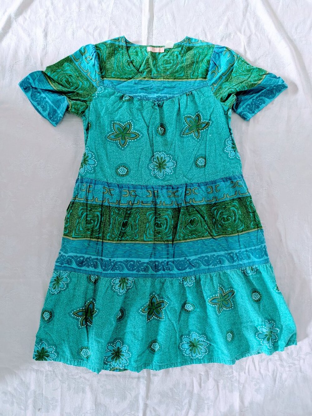 VTG LA Cera Sz M Blue Green Cotton Muumuu House Dress Tiered Cottagecore Pockets